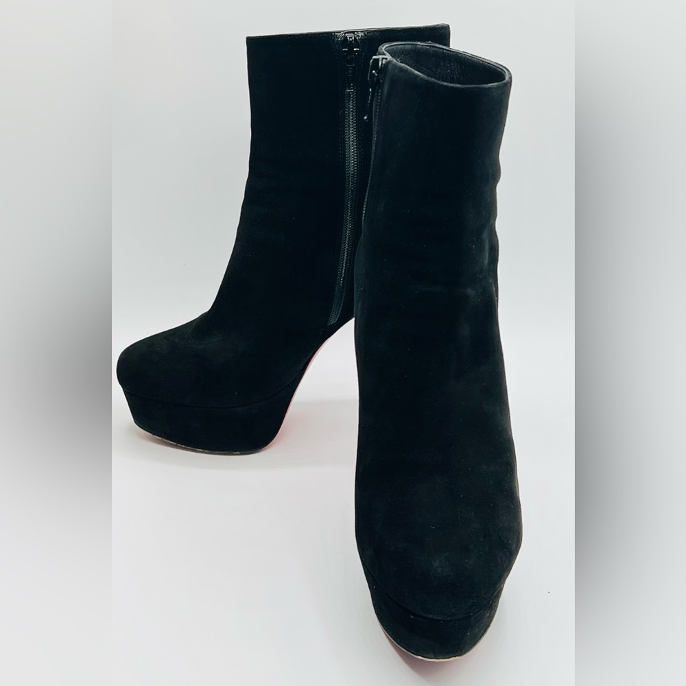 CHRISTIAN LOUBOUTIN Black Suede Bianca 120, 1.5” Platform Ankle Boots Sz 36.5 - Picture 4 of 7